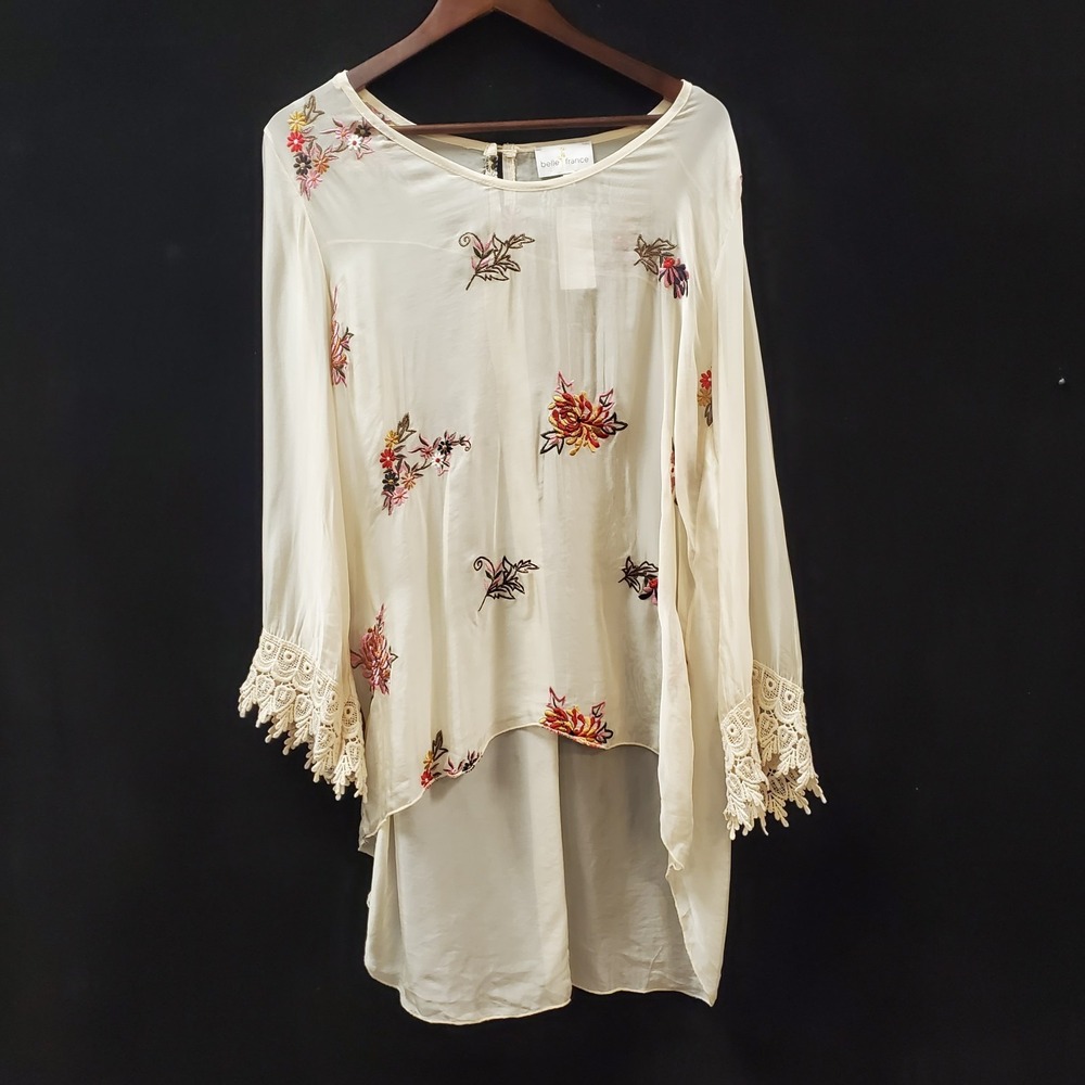 Belle France Womens Silk Blend Top Size XL Italian Floral Embroidered Flare - Picture 2 of 13